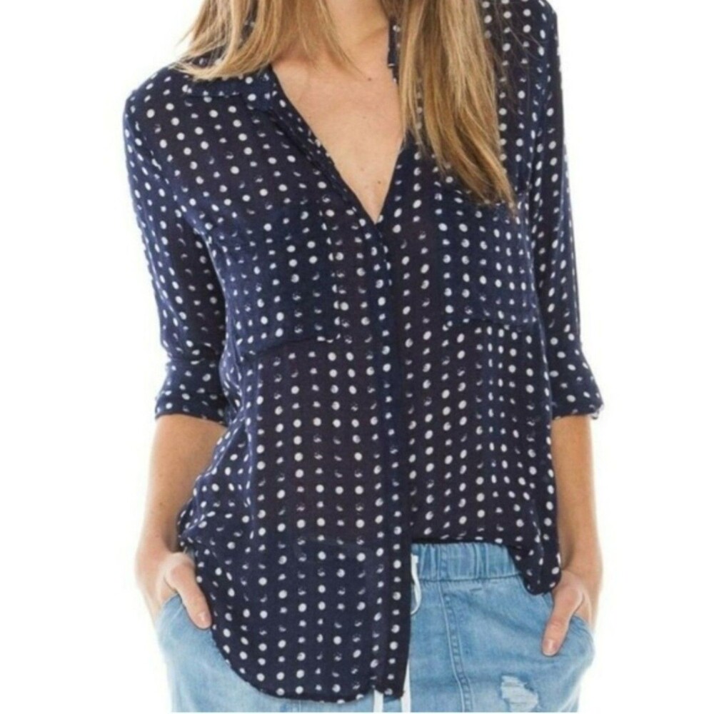 Bella Dahl Navy White Dot Print Button Down Shirt Pockets Lightweight Size XL